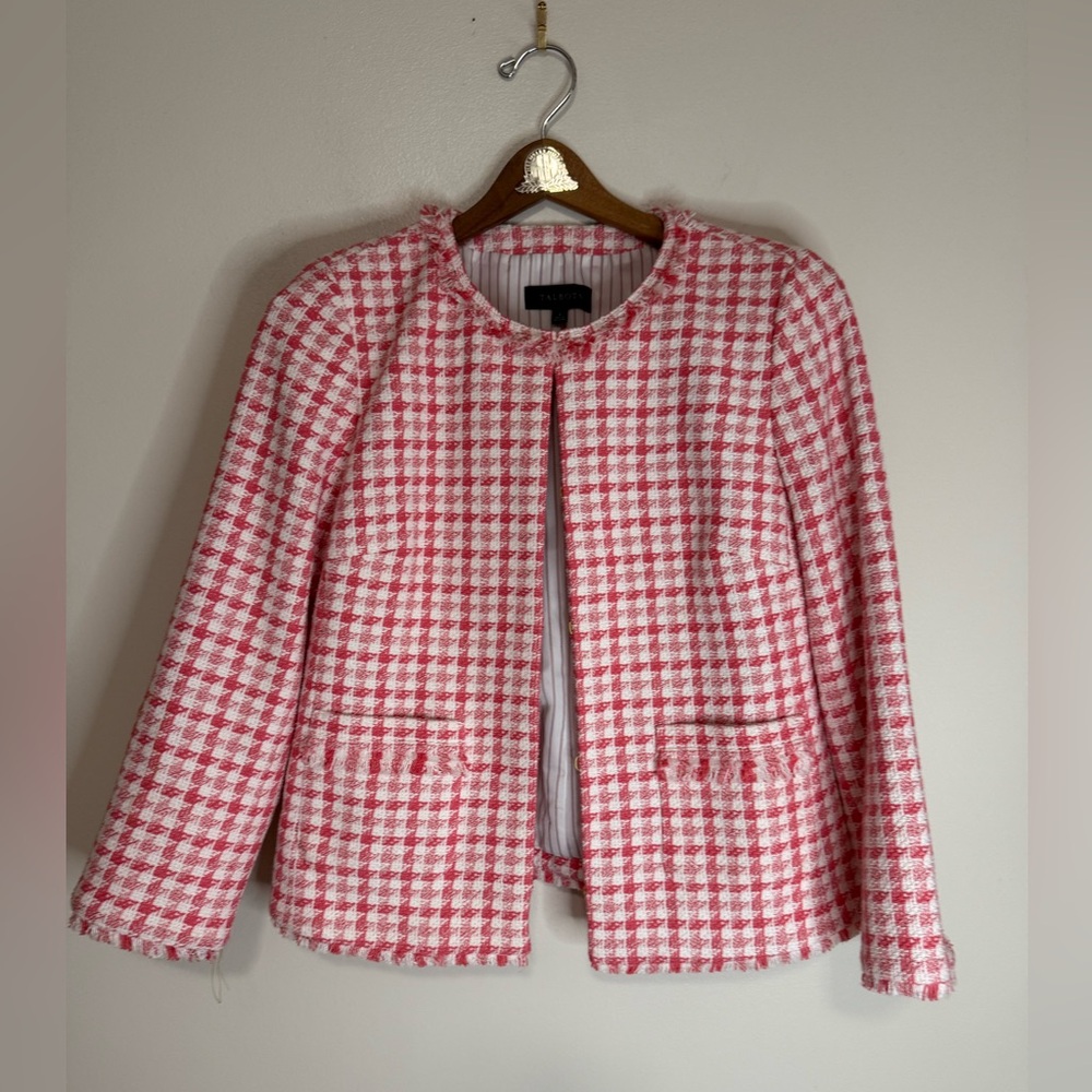 Talbots Pink and White Tweed Houndstooth Blazer